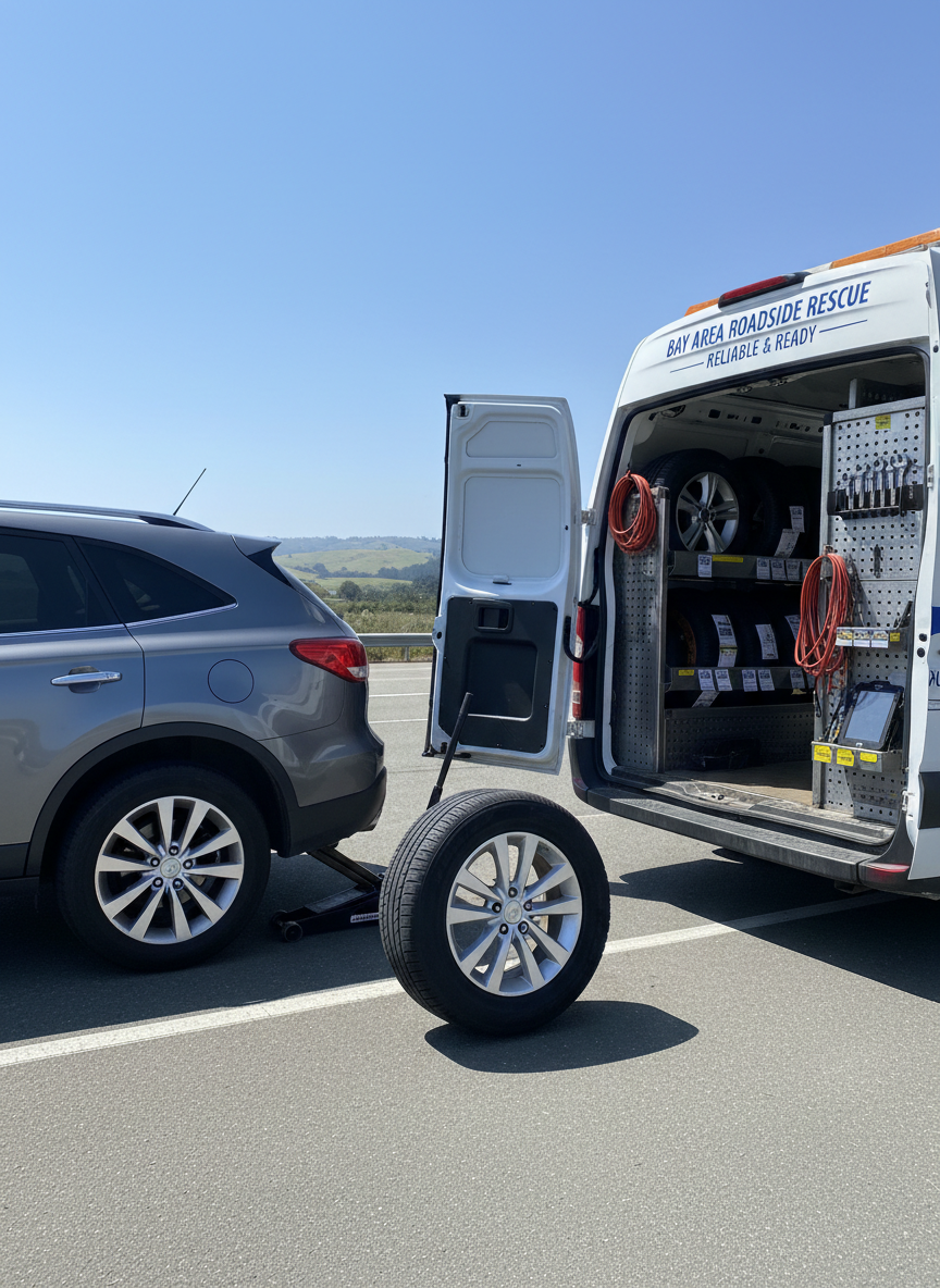 Photographic realism of a flat tire roadside assist moment captured in bright midday light. A metallic gray crossover SUV sits on a wide, clean shoulder, one wheel lifted on a compact jack with a new tire positioned beside it. Nearby, an open service van reveals neatly mounted racks of tires, tools, and diagnostic equipment, all labeled and meticulously organized. Strong, crisp sunlight creates high contrast and defined shadows beneath the vehicle and along the van’s interior shelving. Shot from a slightly elevated angle to show the whole setup, with the Bay Area hills softly blurred in the distance, conveying efficiency, precision, and bold reliability.
