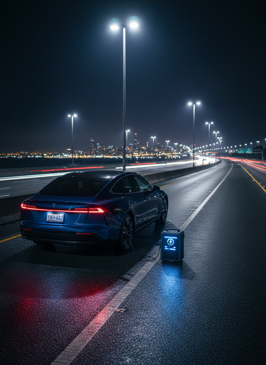 A stranded electric vehicle scenario at night on the edge of a Bay Area freeway, depicted in photographic realism. A glossy dark blue EV with its LED hazard lights flashing is parked on the shoulder, charge port door open with a portable roadside EV charger connected. The compact charger sits on the ground, its display glowing a vivid blue. Overhead freeway lights cast strong, directional pools of white light, with reflections shimmering on the EV’s smooth bodywork and wet asphalt. Composition is wide and cinematic with the EV on the rule of thirds, distant city lights forming a bokeh background, projecting a bold, high-tech, reassuring mood.