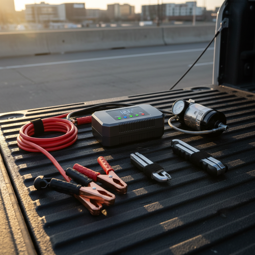 Close-up, photographic realism of a sleek roadside assistance toolkit laid out on a textured black truck bed liner. A heavy-duty digital battery jump starter with bright LED indicators, premium jumper cables with thick red and black insulation, a compact tire inflator, and a slim lockout tool set are all arranged in a clean, organized grid. Golden hour sunlight from the side creates sharp, confident highlights on brushed metal surfaces and coiled cables, casting distinct shadows that emphasize durability and readiness. Background is softly blurred urban asphalt and a hint of a freeway barrier, reinforcing a bold, professional, emergency-ready atmosphere.
